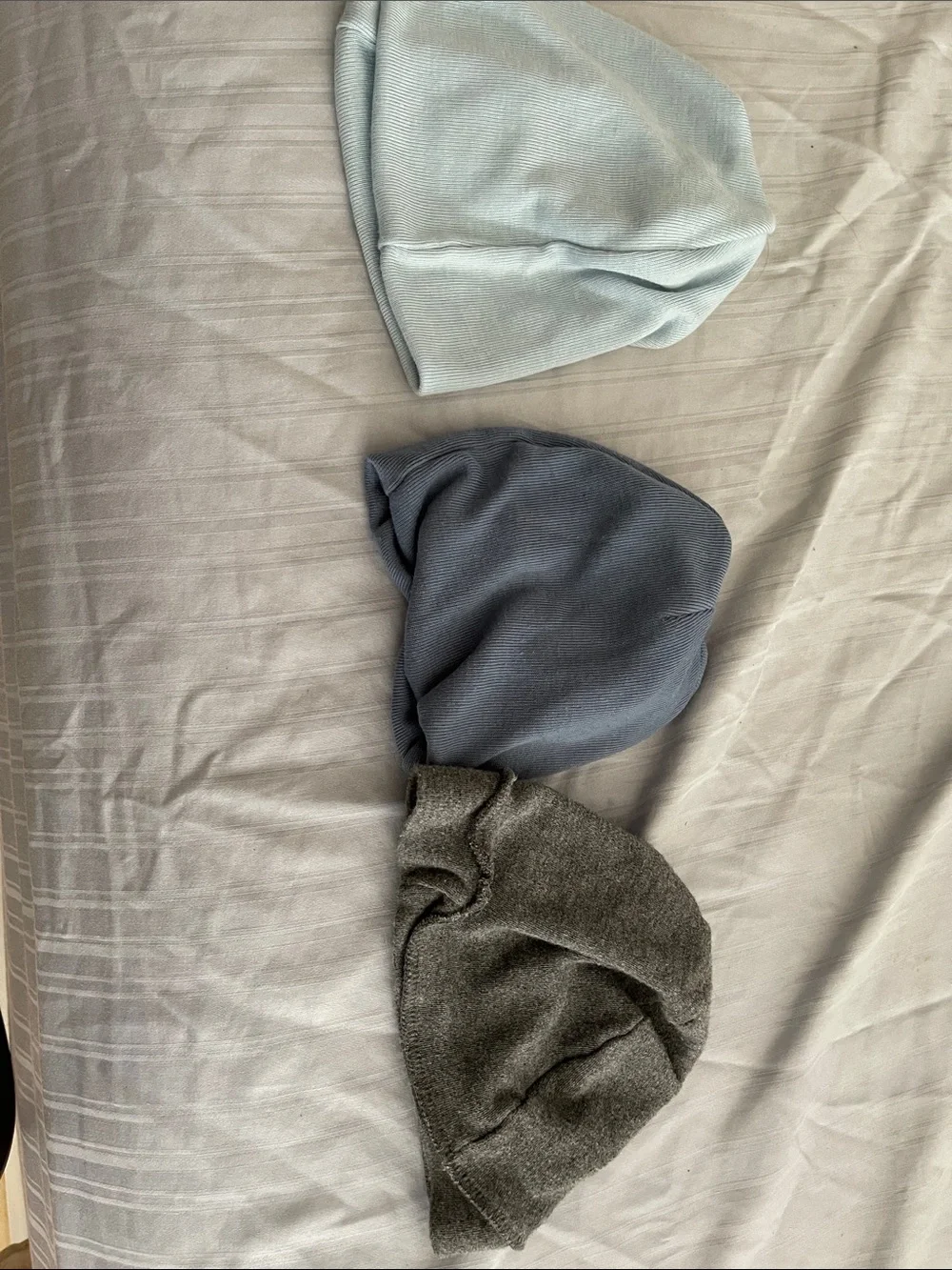 Set of 3 Knit Beanies in Light Blue, Slate Blue, and Charcoal